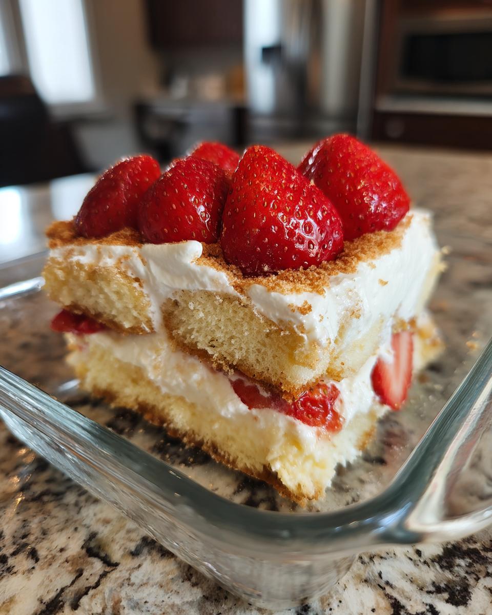 A delicious slice of Fresh Strawberry Tiramisu, layered with sponge cake, cream, and topped with fresh strawberries.
