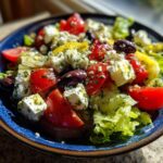 A vibrant bowl of Greek Salad with fresh tomatoes, feta cheese, Kalamata olives, and lettuce, drizzled with lemon herb dressing.