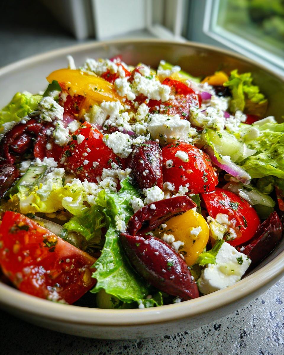 A vibrant bowl of Greek Salad featuring fresh lettuce, tomatoes, olives, feta cheese, and cucumbers, drizzled with lemon herb dressing.