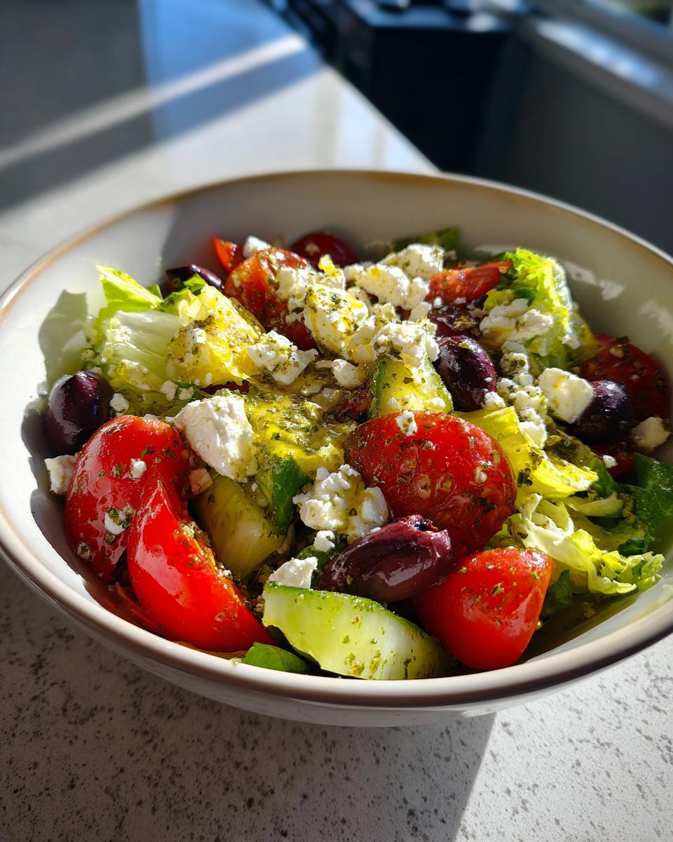 A vibrant bowl of Greek Salad featuring fresh lettuce, tomatoes, cucumbers, Kalamata olives, and feta cheese, drizzled with lemon herb dressing.