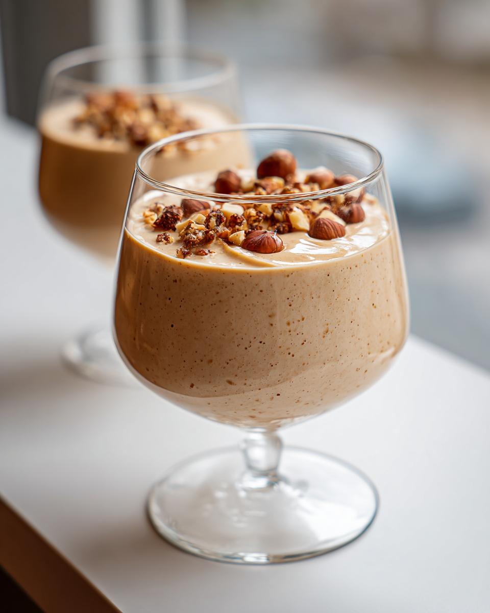 Close-up of a creamy Hazelnut Praline Mousse in a glass, topped with whole and chopped hazelnuts.