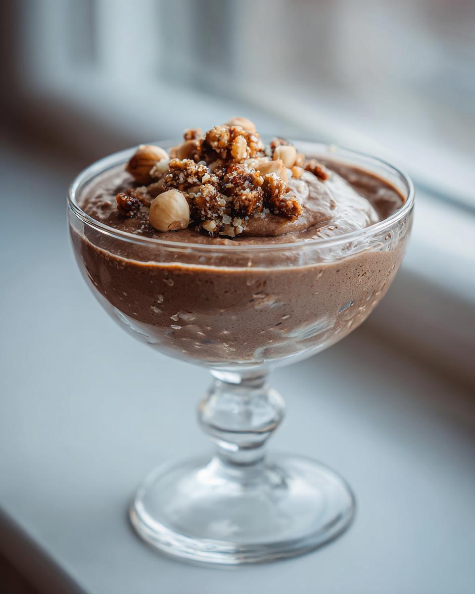 A close-up of a glass dish filled with rich Hazelnut Praline Mousse, topped with whole hazelnuts and praline crumble.