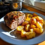A close-up of herb-crusted roast lamb with golden brown roasted potatoes on a white plate.