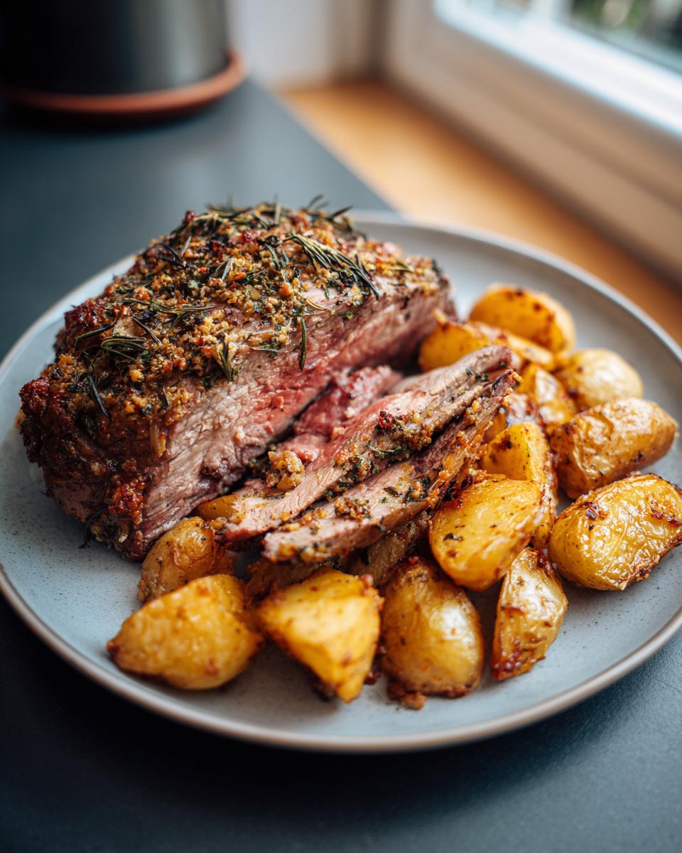 Close-up of sliced Herb-Crusted Roast Lamb with Potatoes on a plate.