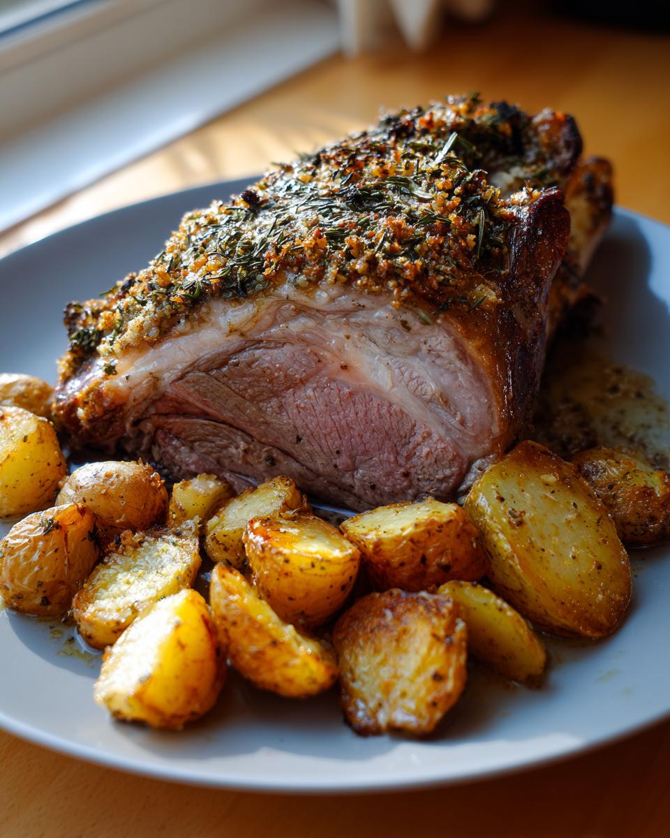 A close-up of a succulent Herb-Crusted Roast Lamb with Potatoes, glistening with juices.