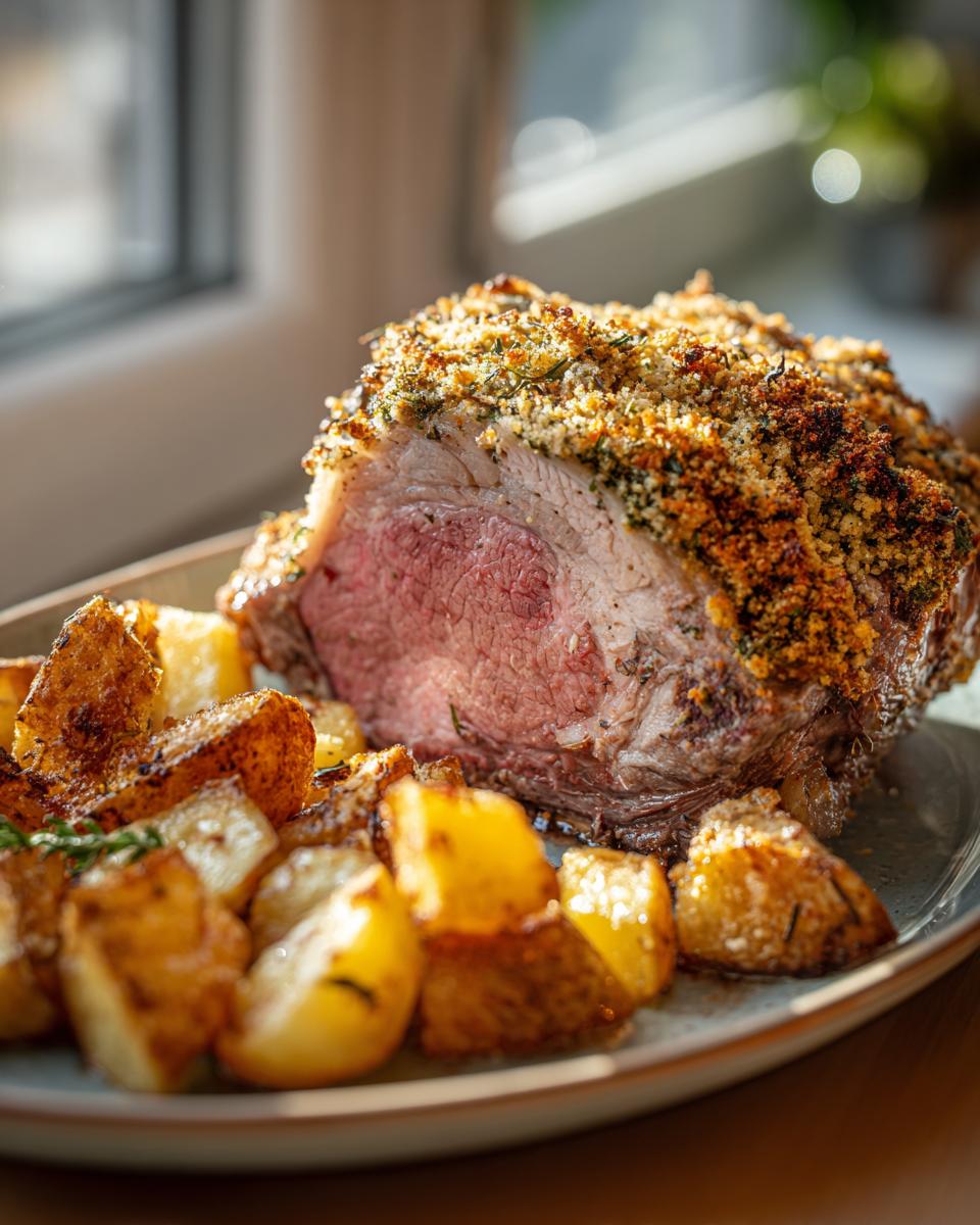 A perfectly cooked Herb-Crusted Roast Lamb with Potatoes, showcasing a juicy pink interior and golden-brown crust.