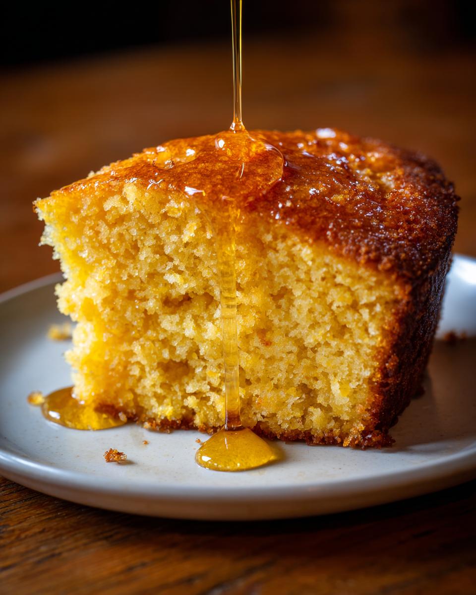A slice of golden Honey Butter Cornbread being drizzled with honey on a plate.