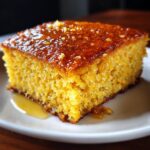 A close-up shot of a moist slice of Honey Butter Cornbread, glistening with a sweet glaze.