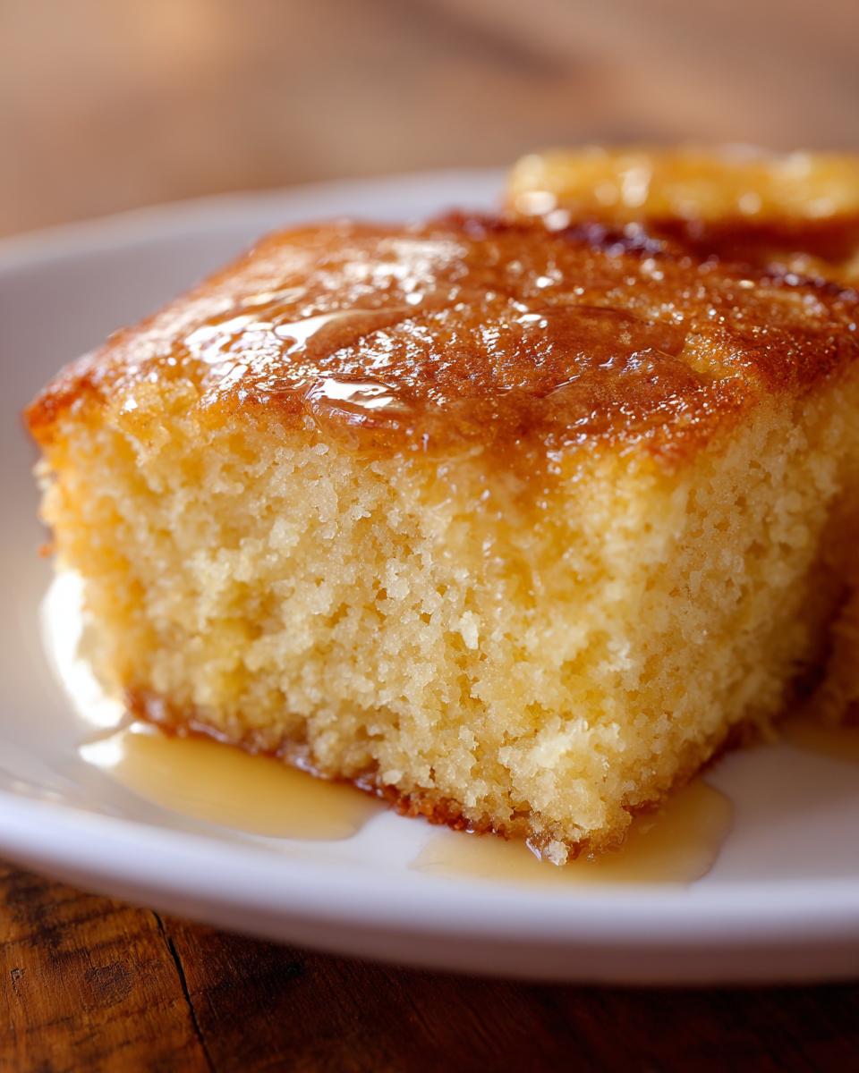 A close-up of a golden slice of Honey Butter Cornbread drizzled with honey.
