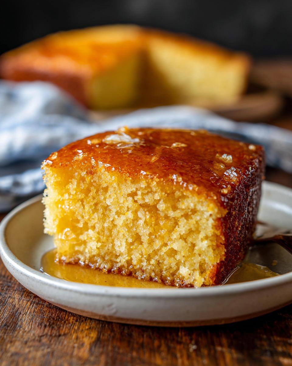 A close-up of a moist slice of Honey Butter Cornbread, topped with a glistening honey glaze.