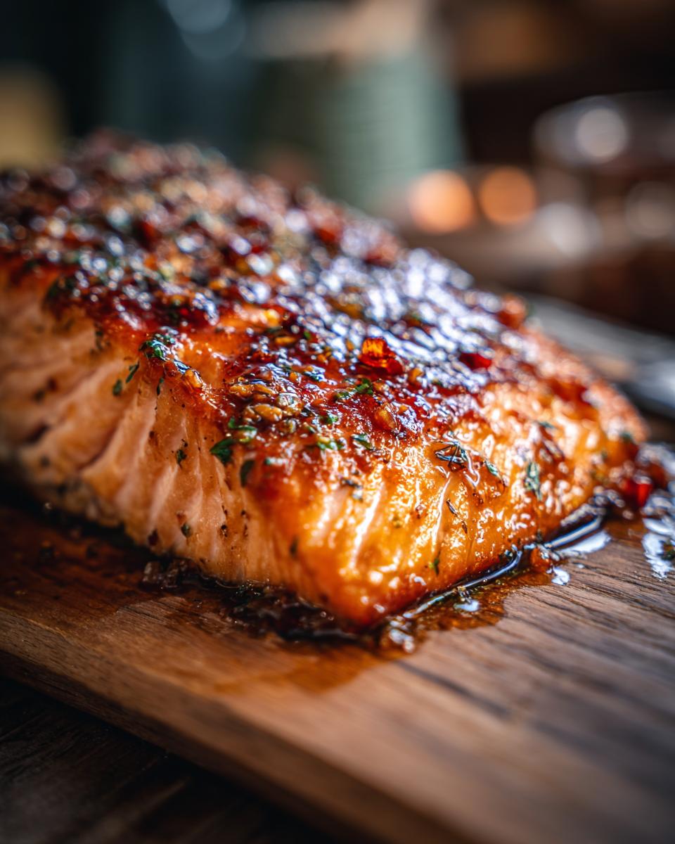 Close-up of a perfectly cooked Honey Garlic Glazed Salmon fillet on a wooden board, glistening with sauce and herbs.