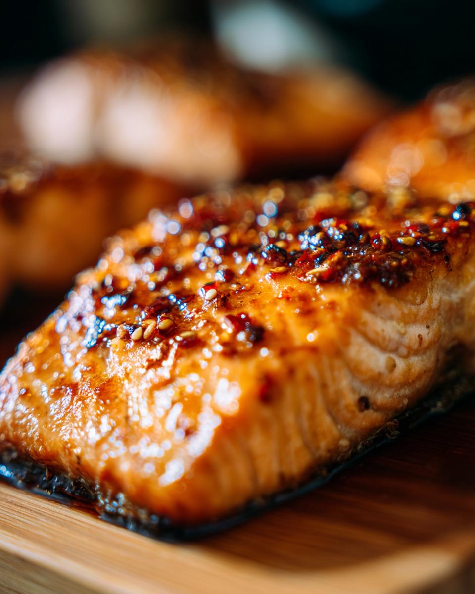 Close-up of a perfectly cooked Honey Garlic Glazed Salmon fillet with a glistening glaze and sesame seeds.