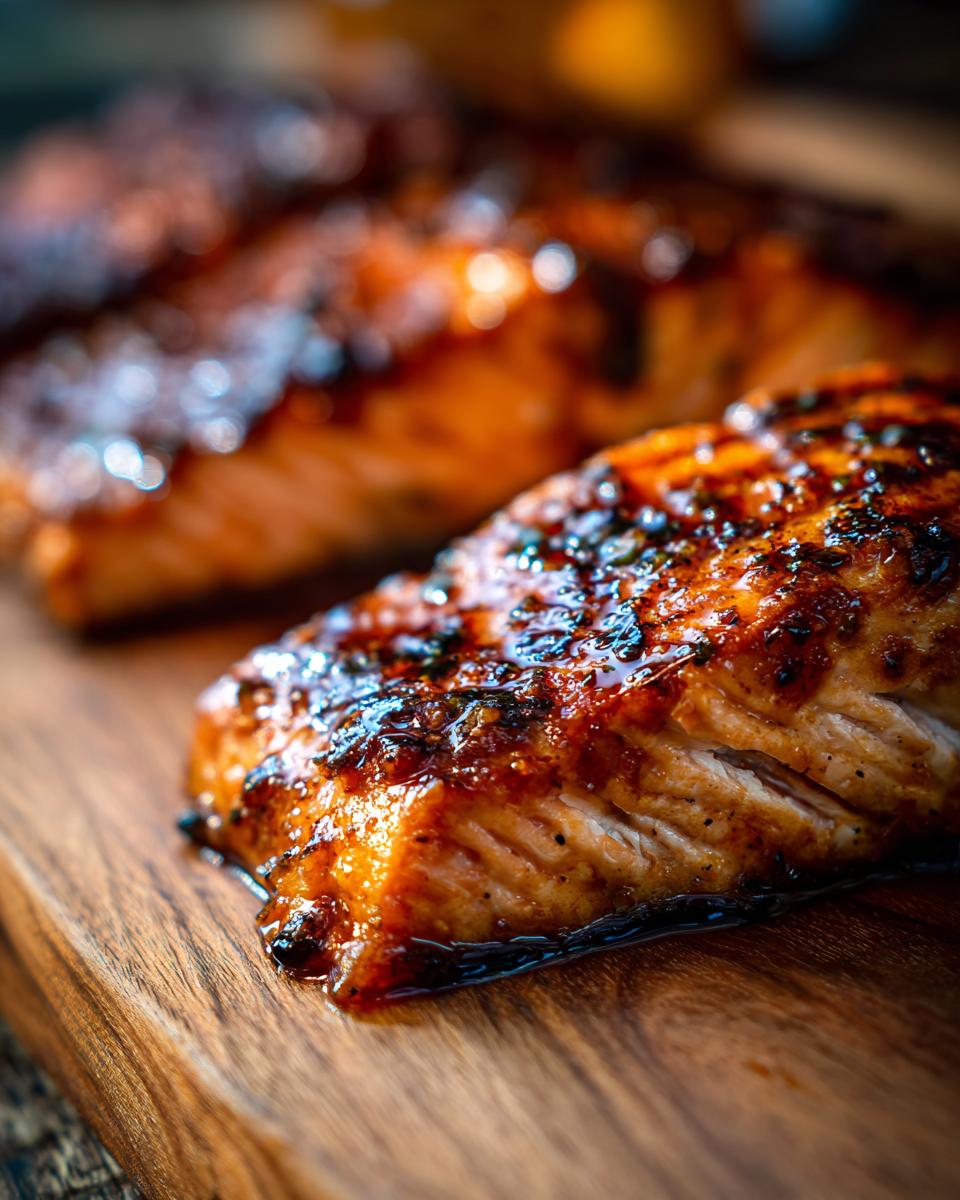 Close-up of a perfectly cooked Honey Garlic Glazed Salmon fillet on a wooden board, glistening with glaze.