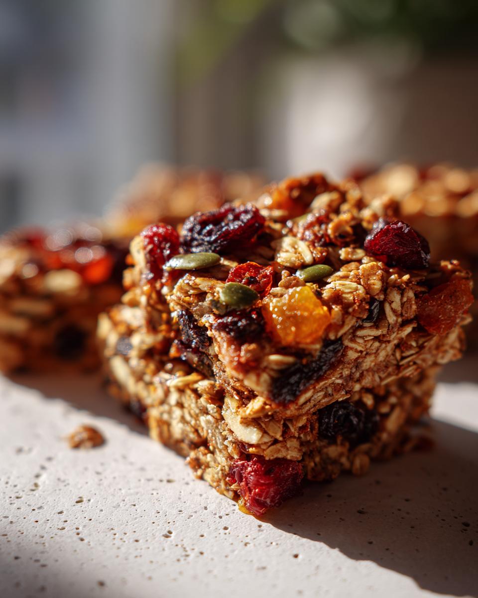Close-up of stacked Honey Oat Granola with Dried Fruit bars, showing oats, dried cranberries, pumpkin seeds, and apricots.