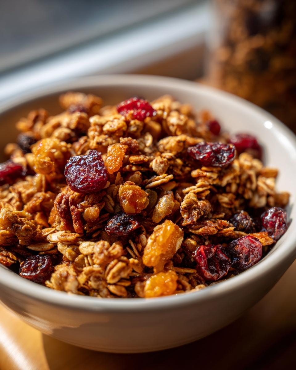 Close-up of a bowl filled with Honey Oat Granola with Dried Fruit, featuring oats, nuts, and dried cranberries and apricots.