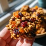 A hand holding a cluster of delicious Honey Oat Granola with Dried Fruit, showcasing oats, dried cranberries, and apricots.