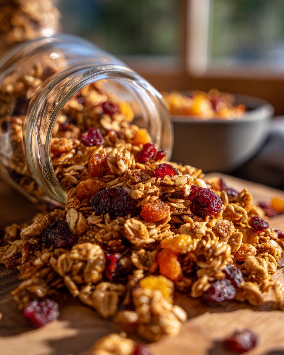 A glass jar tipped over, spilling delicious Honey Oat Granola with Dried Fruit onto a wooden surface.