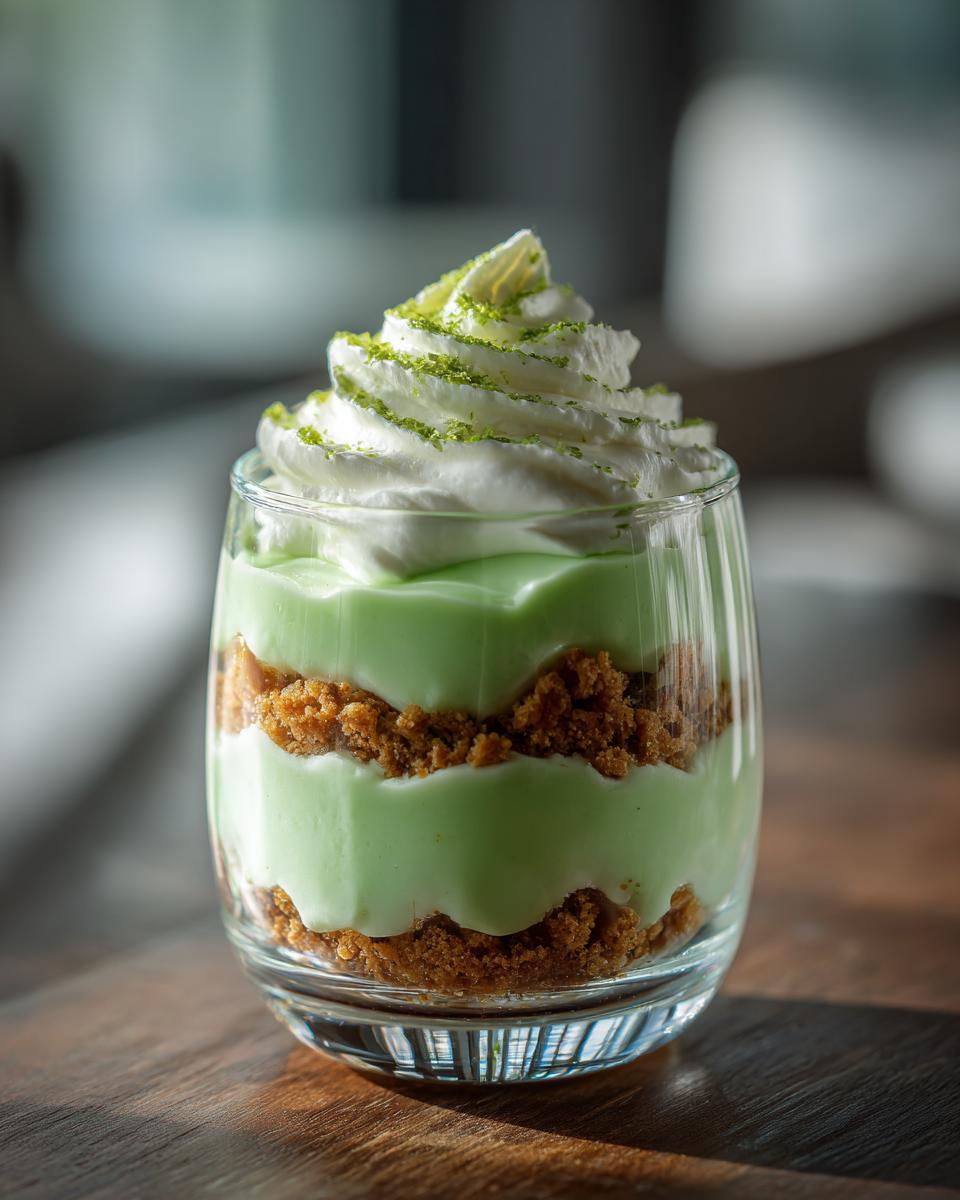 A refreshing Key Lime Parfait layered with graham cracker crumbs and topped with whipped cream and lime zest.