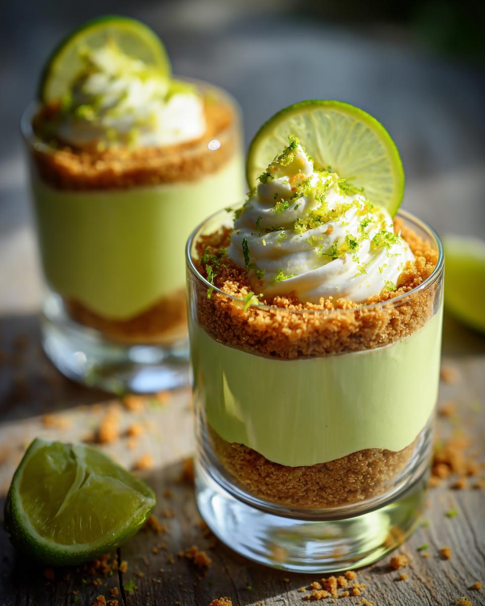 Two individual Key Lime Parfaits in glasses, layered with graham cracker crust and topped with whipped cream and lime zest.