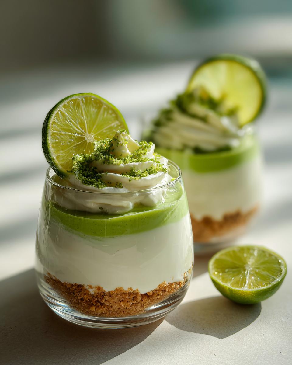 Two glasses filled with creamy Key Lime Parfaits, topped with whipped cream, lime zest, and a lime slice.