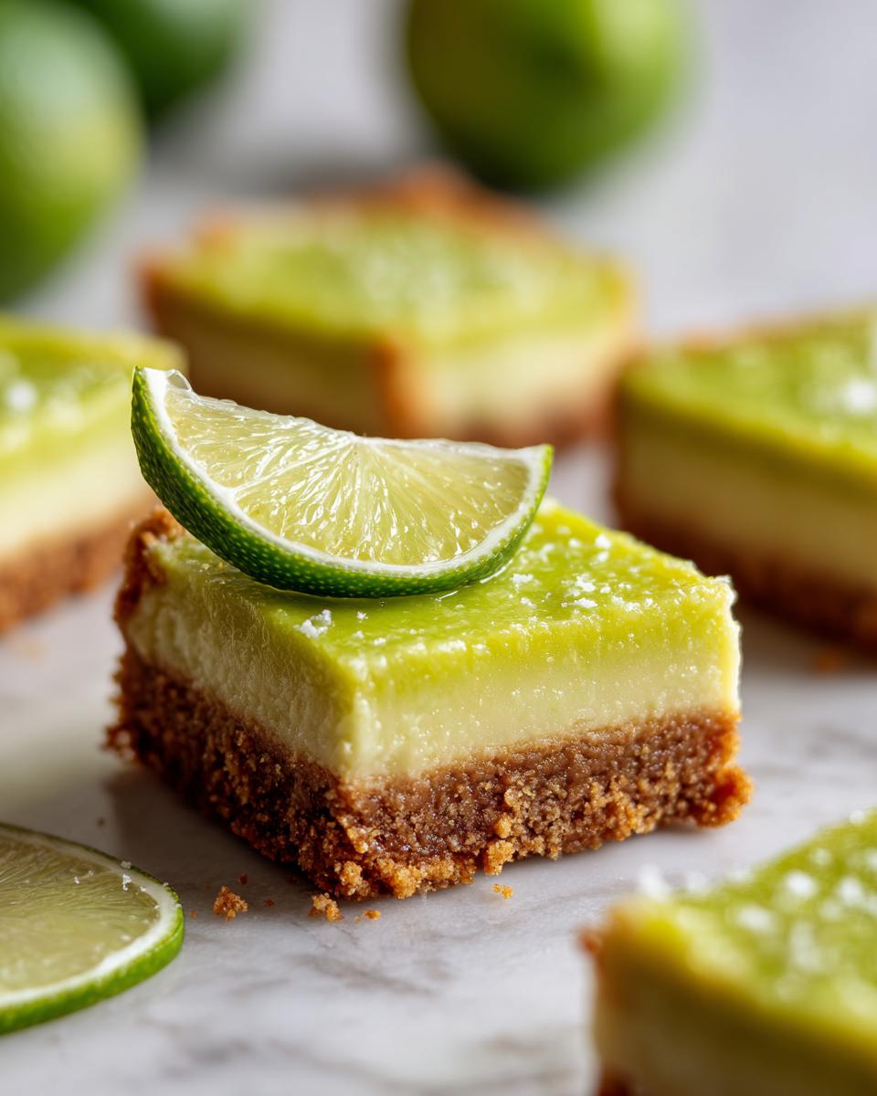 Close-up of a Key Lime Pie Bar with Graham Crust, topped with a lime slice.