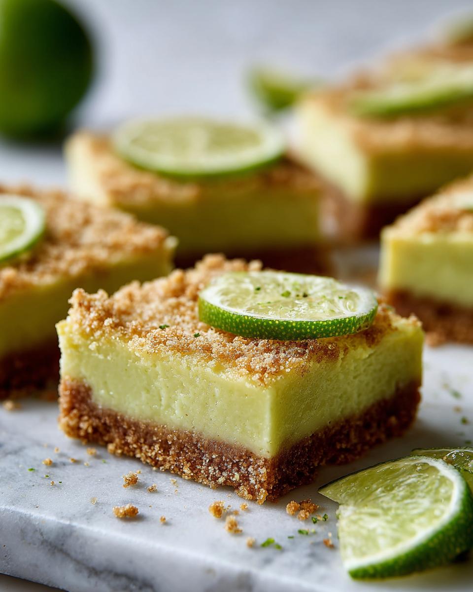 Close-up of Key Lime Pie Bars with Graham Crust, topped with lime slices and graham cracker crumbs.