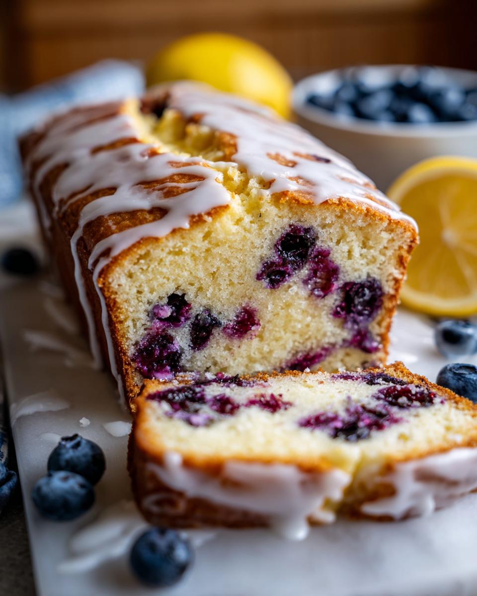 A slice of moist Lemon Blueberry Pound Cake with a sweet glaze, studded with fresh blueberries.