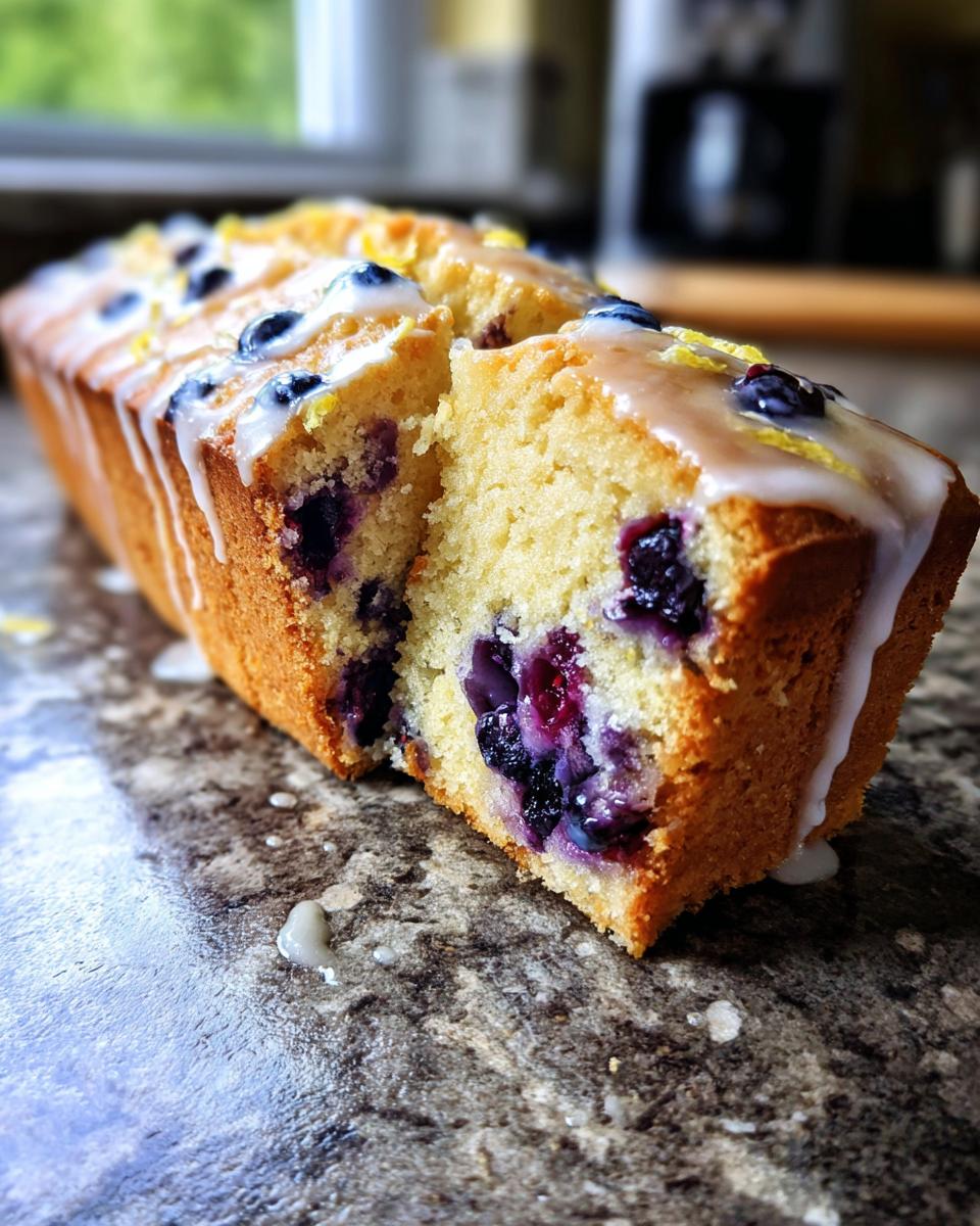 A slice of moist Lemon Blueberry Pound Cake with a sweet glaze and fresh blueberries.