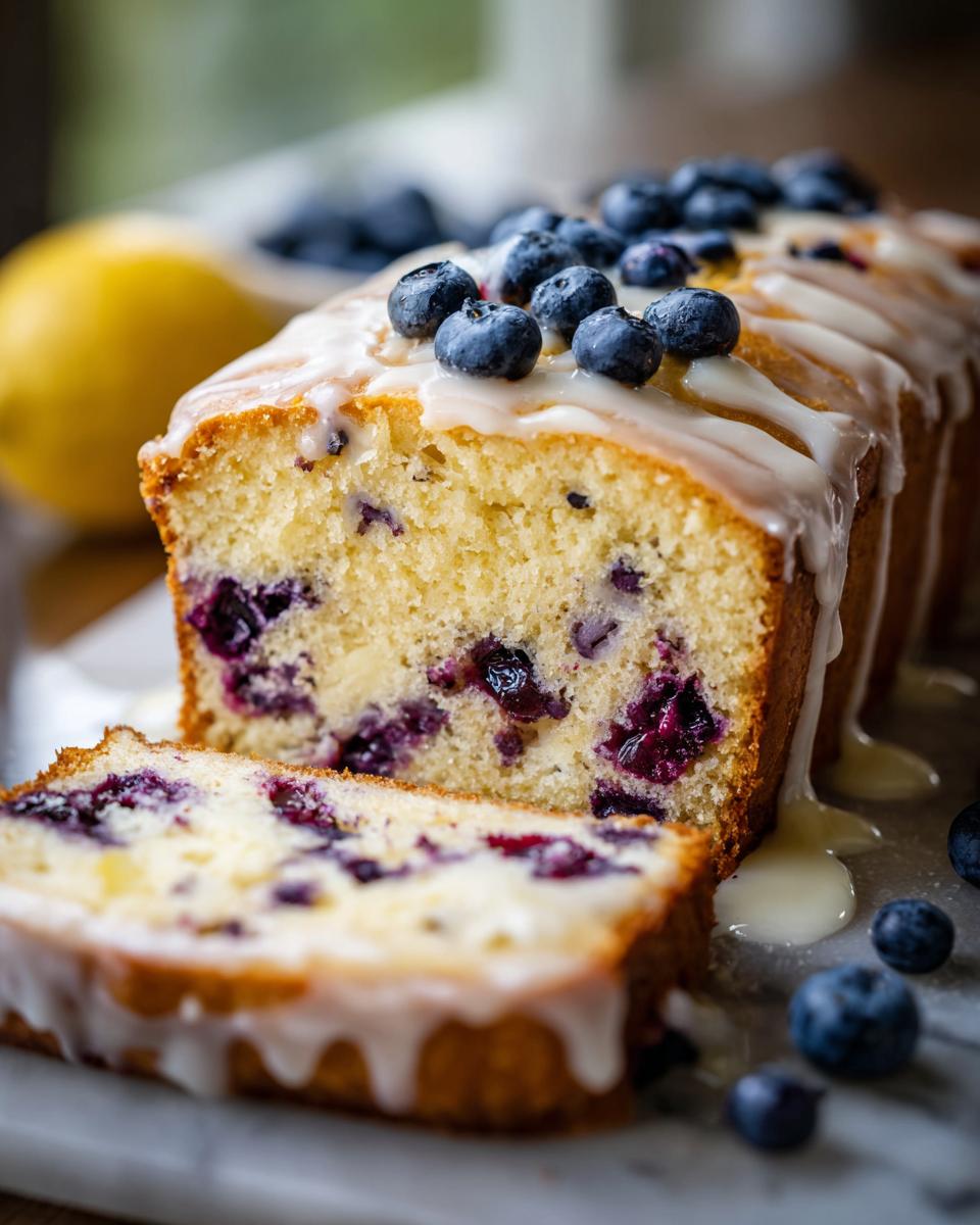 A slice of moist Lemon Blueberry Pound Cake with a sweet glaze and fresh blueberries on top.