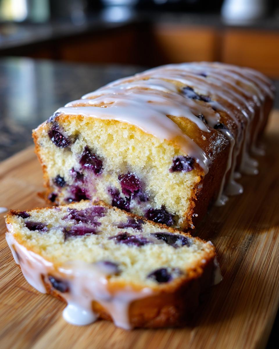 A slice of Lemon Blueberry Pound Cake with Glaze on a wooden board, showing juicy blueberries and drizzled icing.
