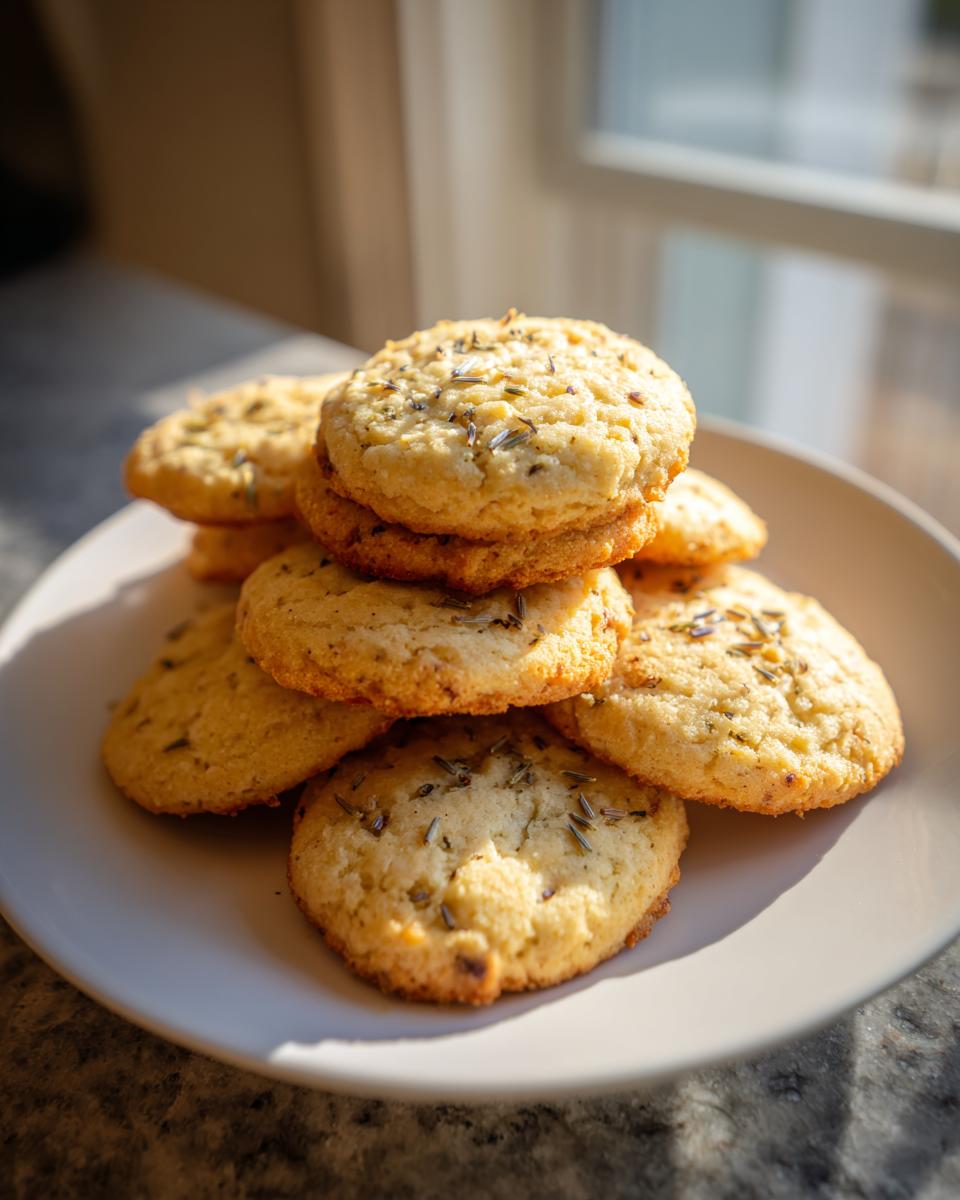 A stack of golden Lemon Lavender Shortbread cookies sprinkled with lavender buds on a white plate.