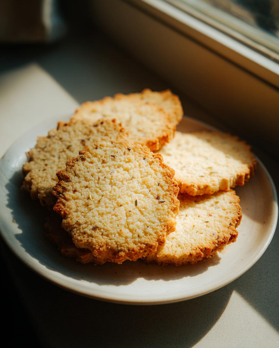 A stack of golden Lemon Lavender Shortbread cookies with visible herbs on a white plate, bathed in sunlight.