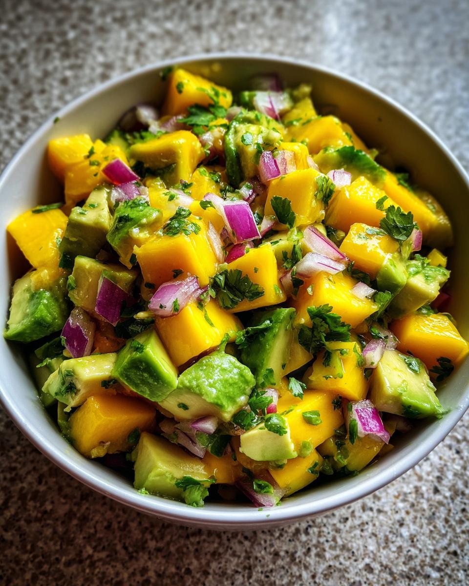 A close-up shot of a bowl filled with vibrant Mango Avocado Salsa with Lime, featuring diced mango, avocado, red onion, and cilantro.