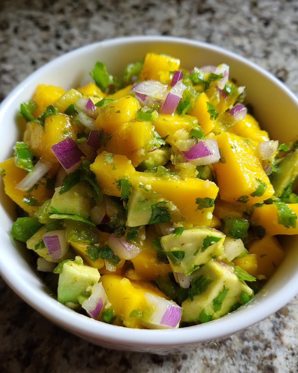Close-up of a white bowl filled with vibrant Mango Avocado Salsa with Lime, featuring diced mango, avocado, red onion, and cilantro.