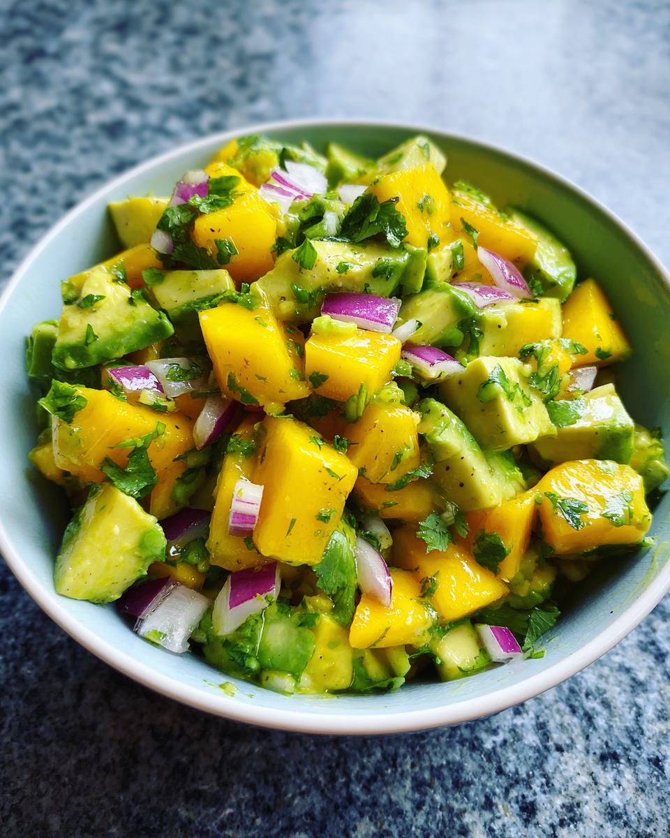 A close-up overhead view of a bowl filled with vibrant Mango Avocado Salsa with Lime, featuring diced mango, avocado, red onion, and cilantro.
