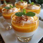 Close-up of layered Mango Coconut Mousse Cups topped with whipped cream, toasted coconut flakes, and mint.