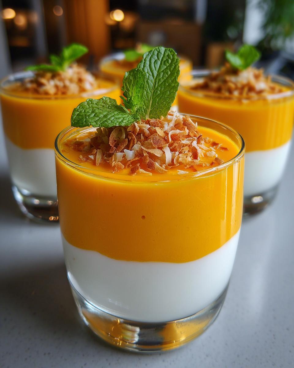 Close-up of layered Mango Coconut Mousse Cups topped with toasted coconut flakes and fresh mint.