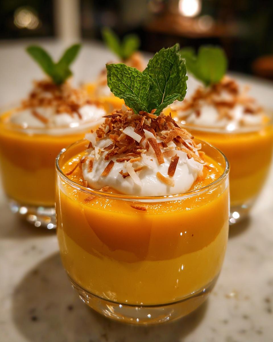 Close-up of Mango Coconut Mousse Cups topped with whipped cream, toasted coconut, and mint leaves.