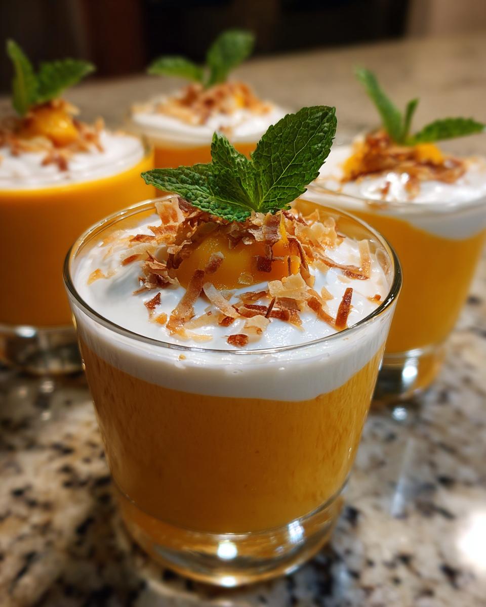 Close-up of delicious Mango Coconut Mousse Cups topped with whipped cream, toasted coconut, and mint.