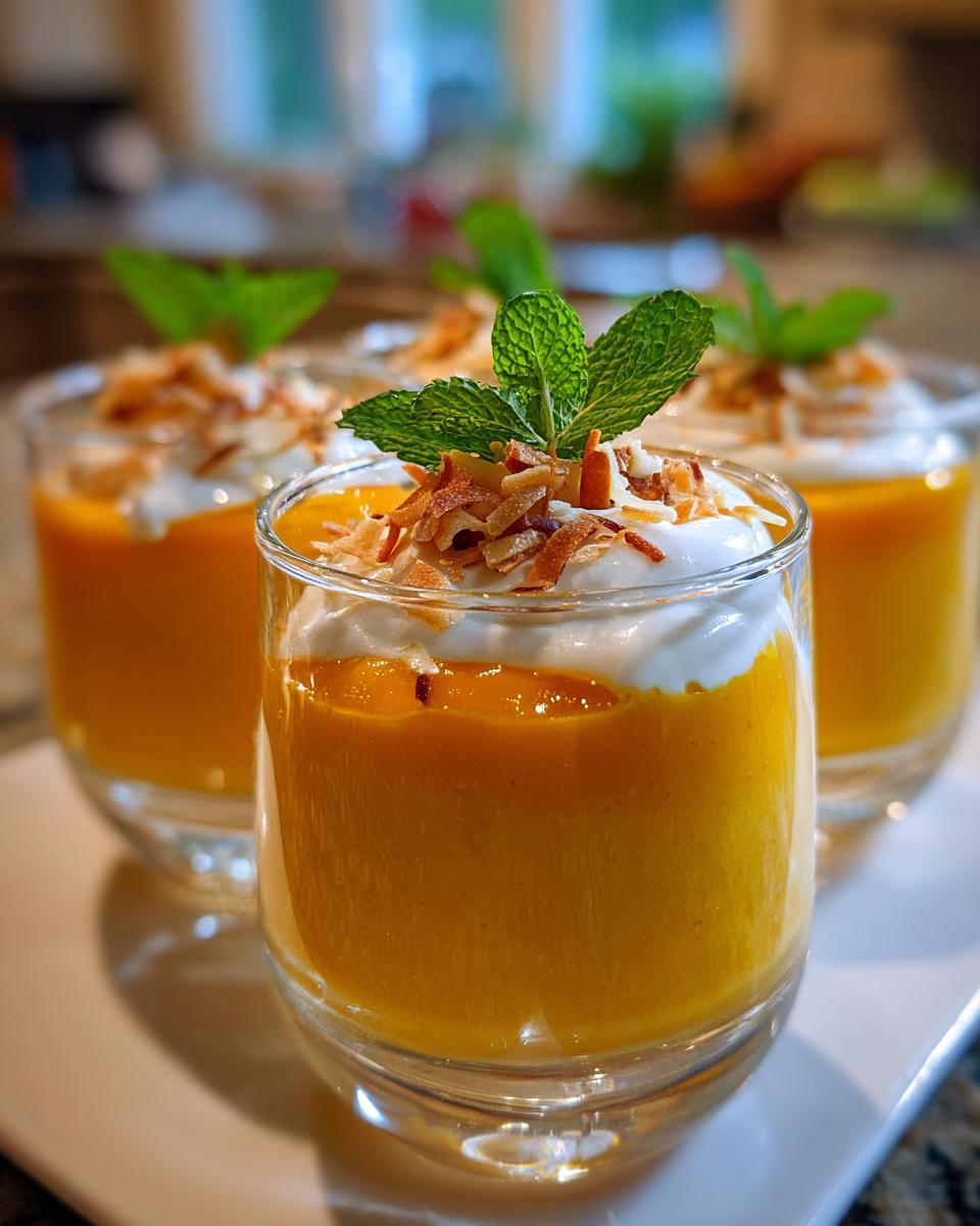 Three glasses filled with vibrant orange Mango Coconut Mousse Cups, topped with whipped cream, toasted coconut, and fresh mint leaves.