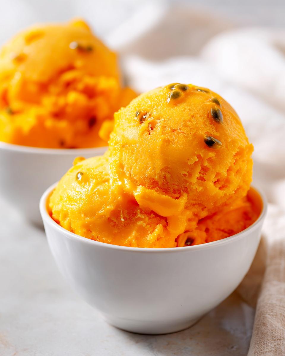 Two white bowls filled with vibrant orange Mango Passionfruit Sorbet, topped with passionfruit seeds.