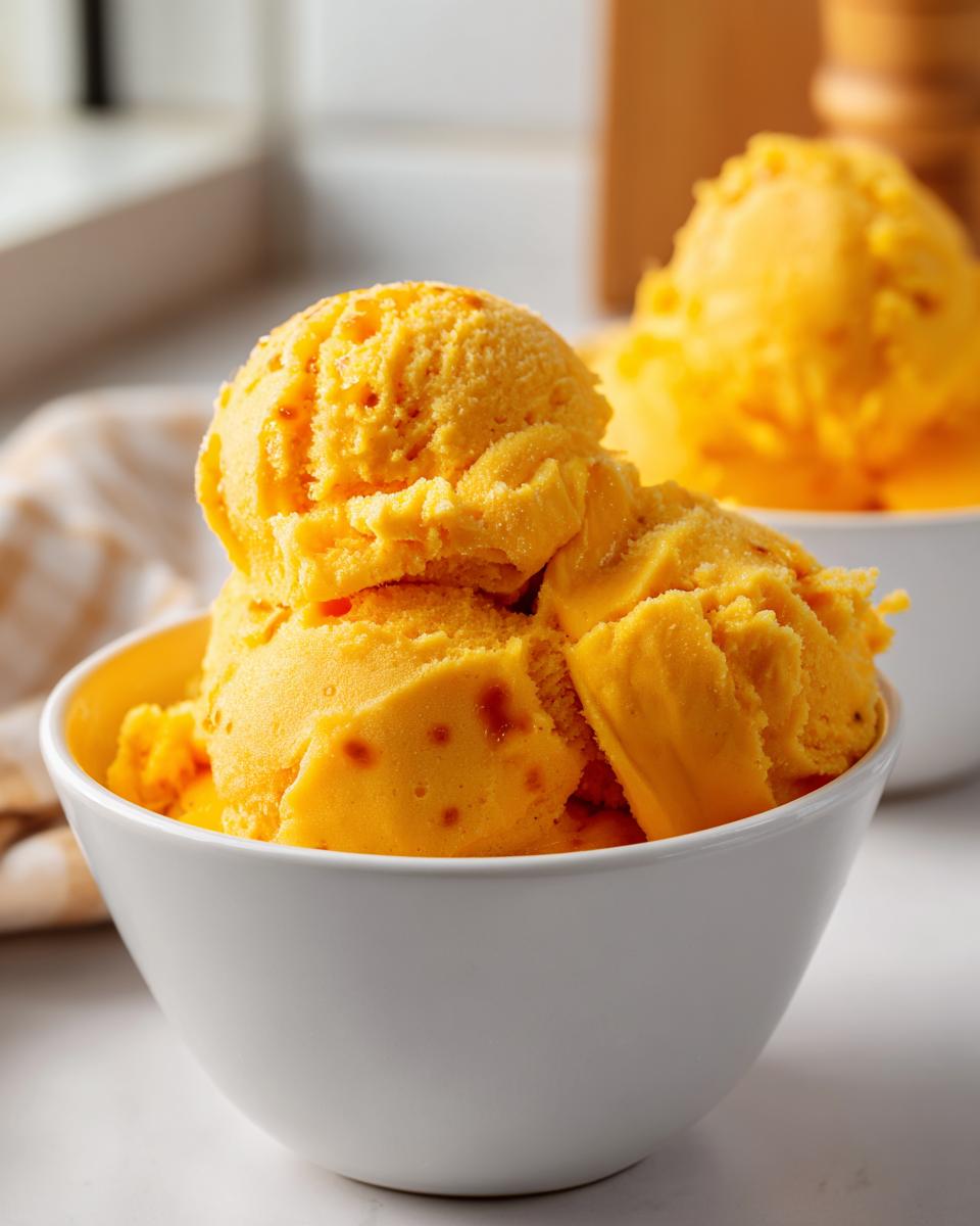 Close-up of bright orange Mango Passionfruit Sorbet scoops in a white bowl.