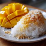 A close-up of a serving of Mango Sticky Rice, featuring fresh mango chunks and coconut-topped sticky rice.