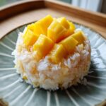 A close-up of a serving of Mango Sticky Rice, featuring sweet sticky rice topped with fresh diced mango.
