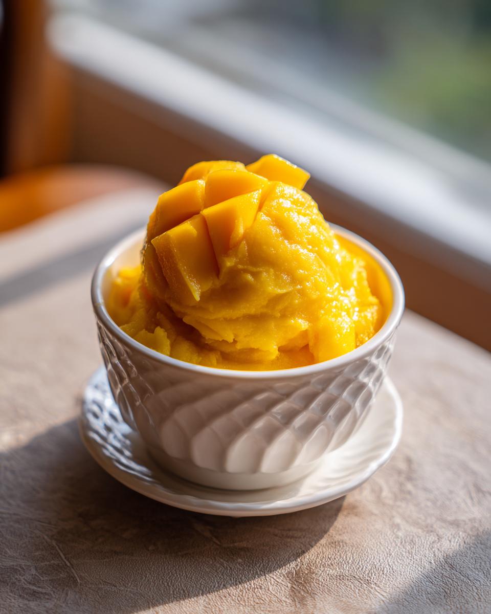 Close-up of a bowl of Mango Sticky Rice topped with fresh, diced mango.