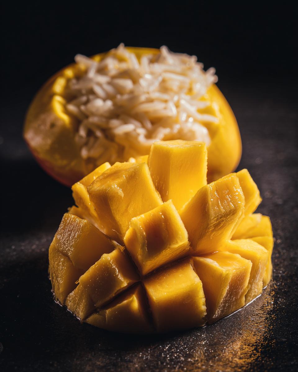 Close-up of a ripe mango, cubed and ready, with sticky rice peeking out from behind.