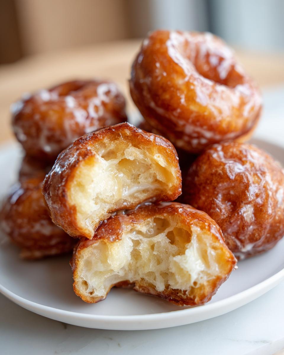 Close-up of fluffy Maple Glazed Donuts with a shiny glaze, one broken in half to show the airy interior.
