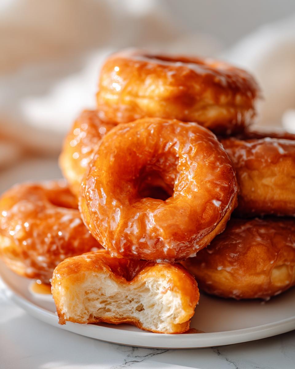 A close-up of a stack of golden-brown Maple Glazed Donuts, with one donut bitten to show its fluffy interior.