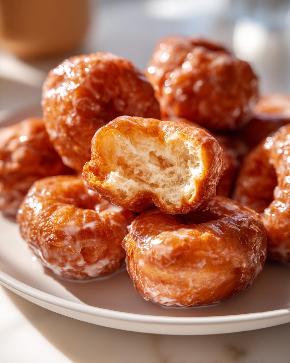 Close-up of a stack of fluffy Maple Glazed Donuts, with one donut broken open to show the soft interior.