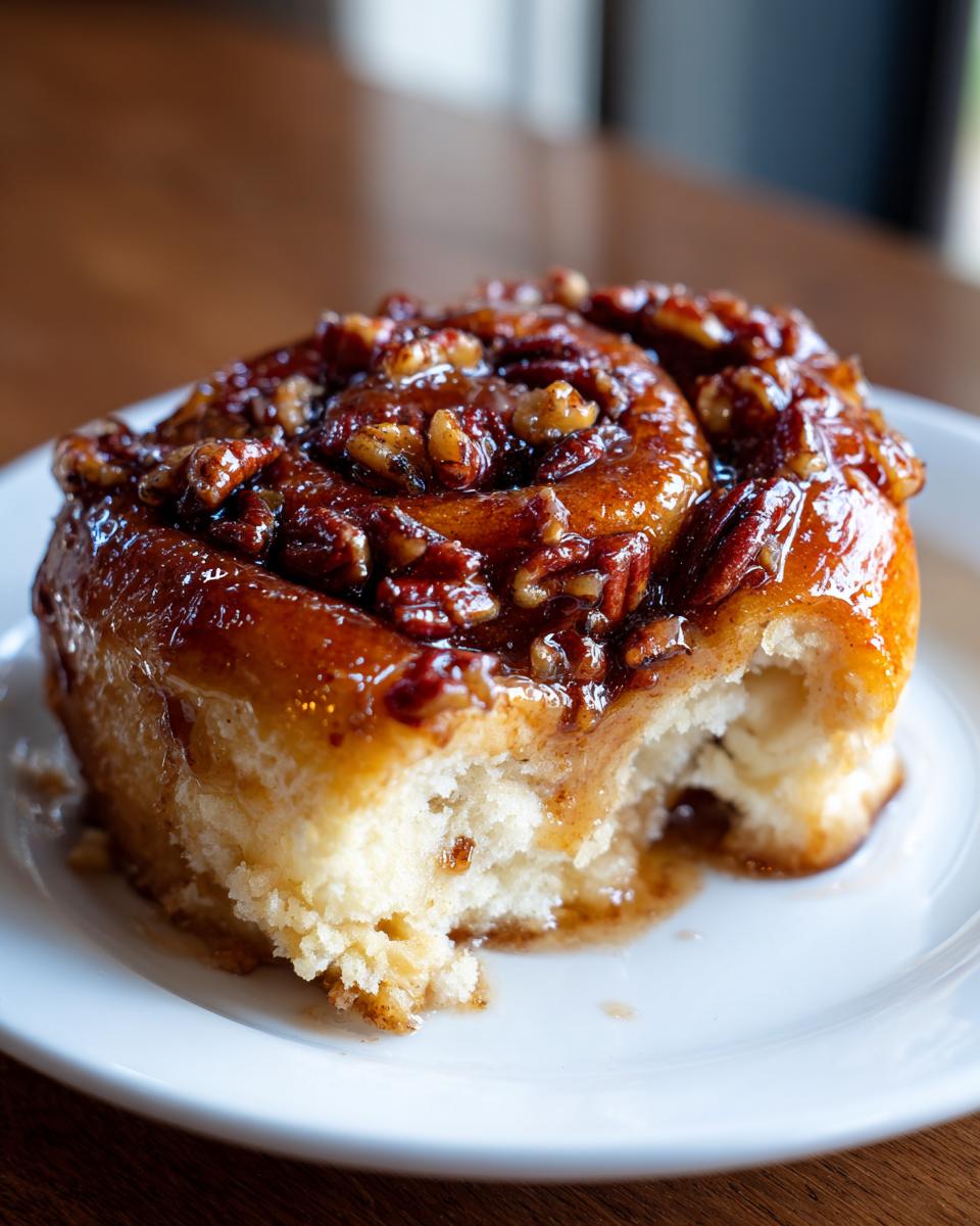 Close-up of a Maple Pecan Sticky Bun on a white plate, with a bite taken out, showing the fluffy interior and gooey topping.